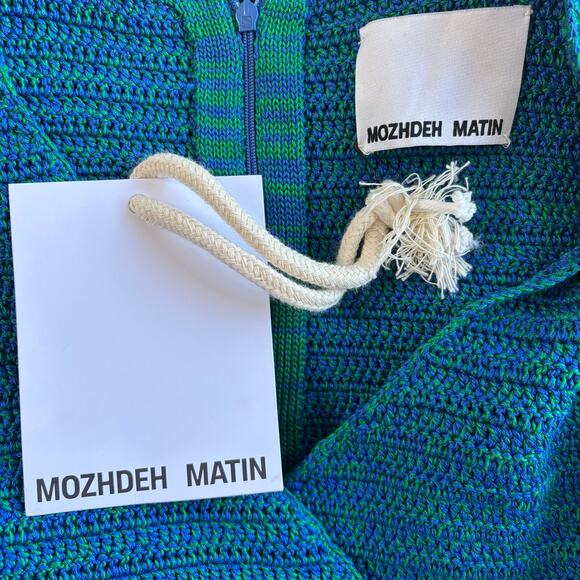 Mozhdeh Matin Mozh Mozh Zigzag Crochet Knit 3/4 Sleeve Mini Dress Blue Sz M NWT - Picture 5 of 8